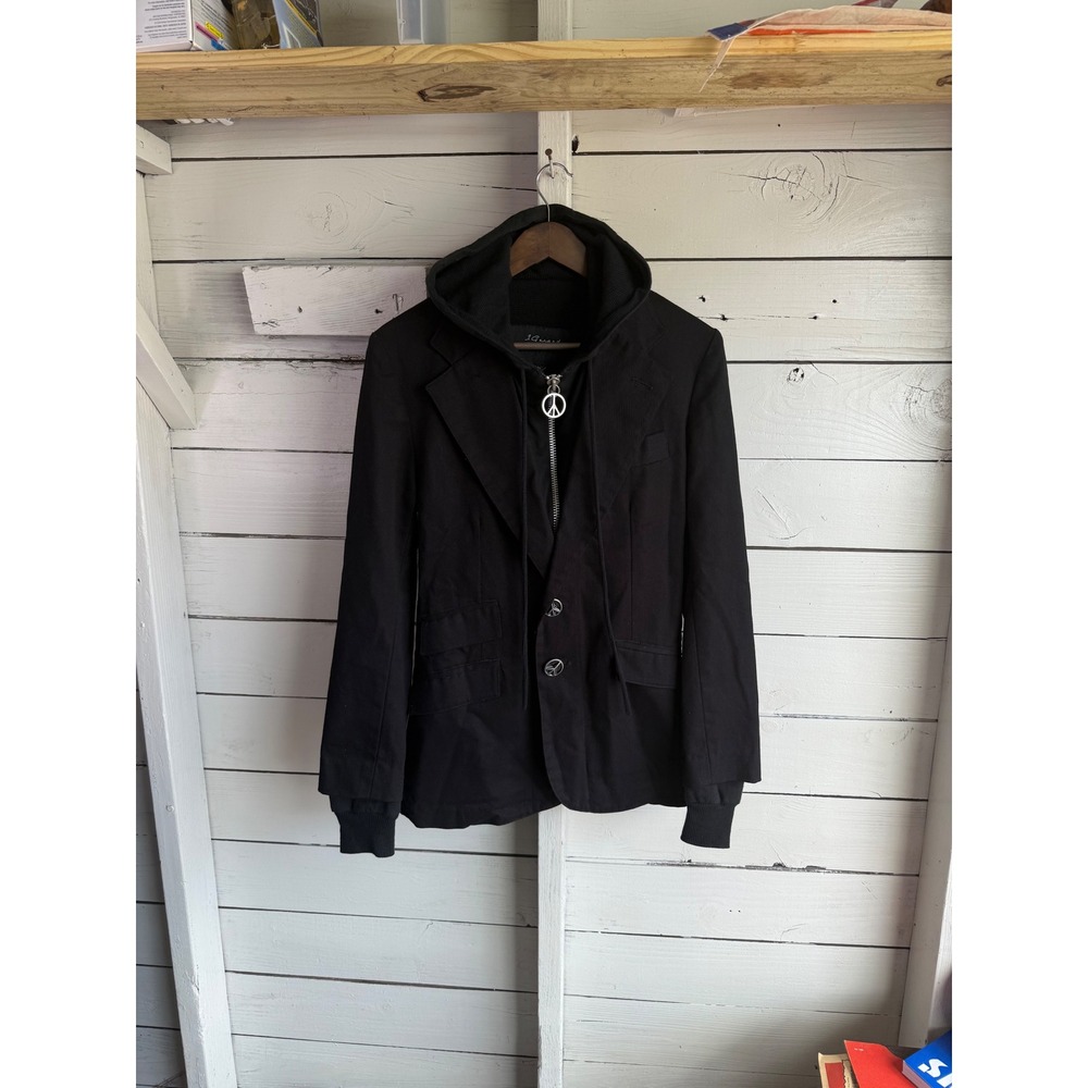 J. Gerard Black Hooded Blazer Jacket Peace Sign Zipper Layered Waffle Knit Bib